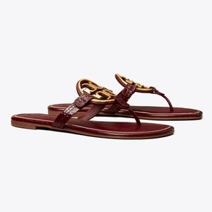 Tory Burch Miller Metal-Logo Sandal, Embossed Leather in Roma Red